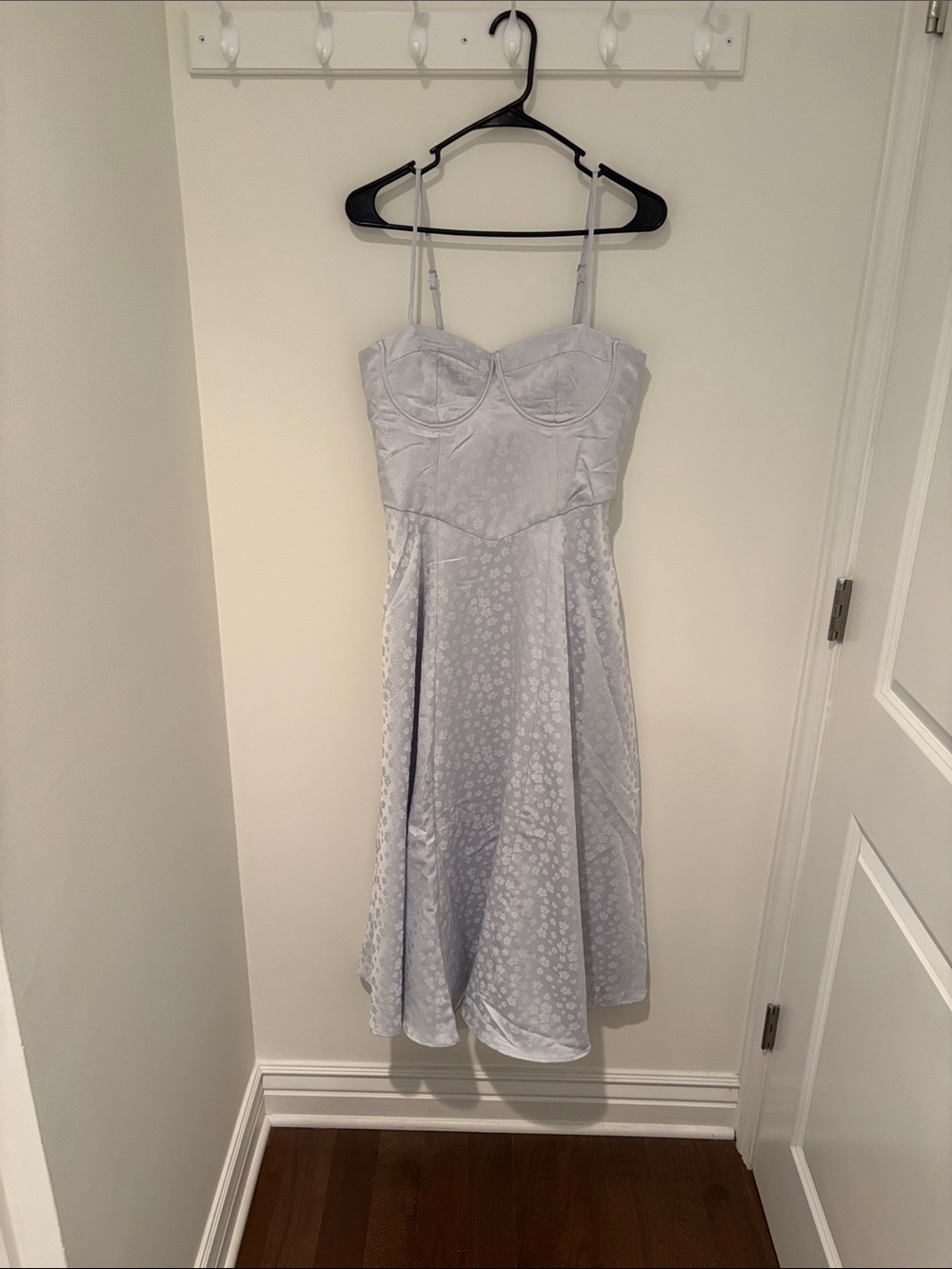REVOLVE Light Blue Satin Midi Dress with Subtle Floral Jacquard